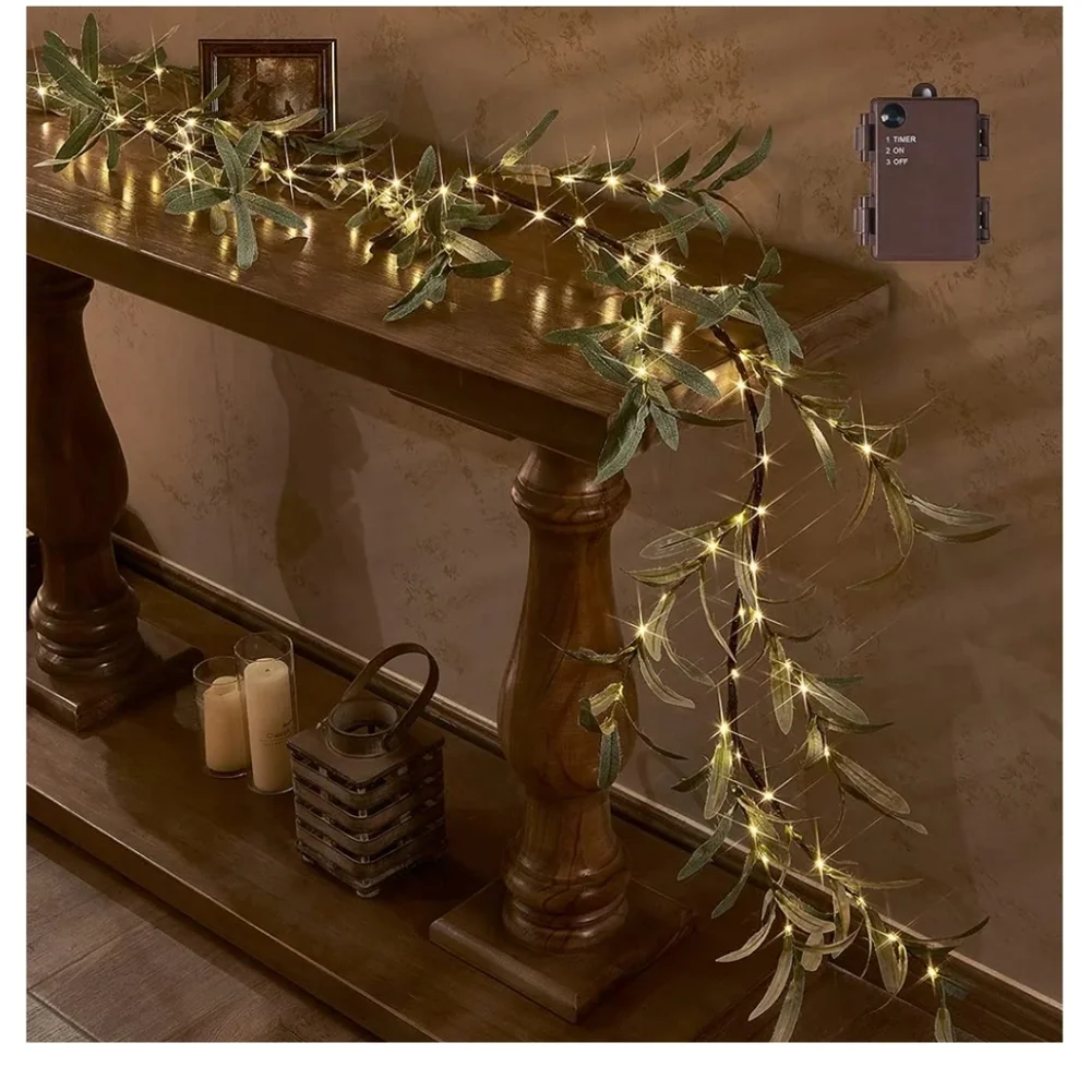 Lighted Artificial Olive garland 6ft 96LEd Fairy Lughts Battery Operated Faux V